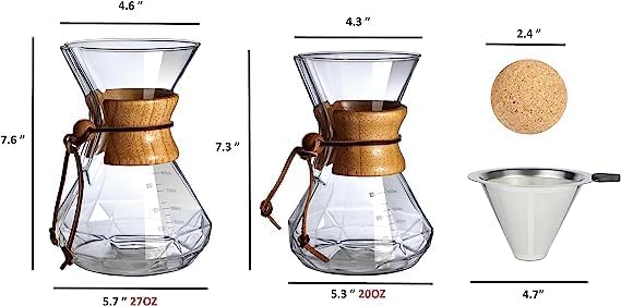 Pour Over Coffee Maker With Wood Sleeve,20oz/600mlPour Over Coffee Dripper,Pour Over Coffee Maker Set With Cork Stopper (20oz/600ml)