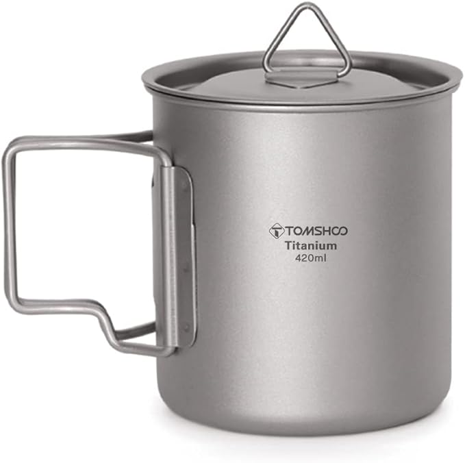 TOMSHOO Titanium Camping Pot and Outdoor Mug With Lid - Coffee Cup With Foldable Handle for Hiking, Travelling, Backpacking, and Open Fire