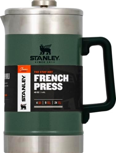 Stanley Classic Stay-Hot French Press Coffee Maker 48 oz | 5 Minute Brew, 4 Hours Hot | Mesh Filter for Coffee Grounds | Insulated Stainless Steel French Press | BPA-Free | Hammertone Green
