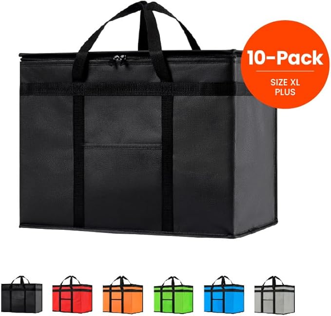 NZ home Insulated Cooler Bag and Food Warmer (XL Plus, 10-Pack) for Delivery & Grocery Shopping with Zippered Top, Black