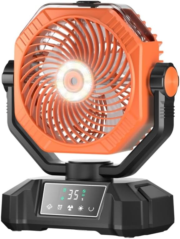 Camping Misting Fan Rechargeable - 20000mAh Portable Mist Fan For Tents With LED Lantern Light, Auto Oscillating With Remote For Outdoor, Battery Operated With Timer 5 Speeds(Orange)