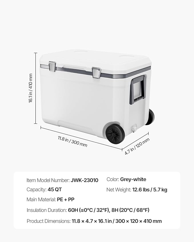 VEVOR Ultra-Light Hard Cooler, Ice Retention Cooler with Heavy Duty Handle, Ice Chest Lunch Box for Camping, Travel, Outdoor, Keeps Cool for up to 6 Days, 30% Lighter Than Rotomolded Coolers