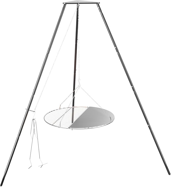 Tripod Cooker Campfire, Grill Grate with Adjustable Height for Cooking Over Fire & Collapsible Legs for Easy Storage