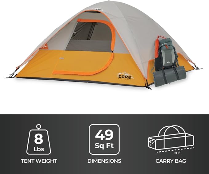 CORE Tent for Family Camping, Hiking and Backpacking | 3 Person / 4 Person / 6 Person / 9 Person Person Dome Camp Tents with Included Tent Gear Loft for Outdoor Accessories