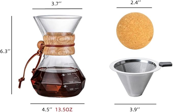 Pour Over Coffee Maker With Wood Sleeve,13.5oz/400mlPour Over Coffee Dripper,Pour Over Coffee Maker Set With Cork Stopper (13.5oz/400ml)