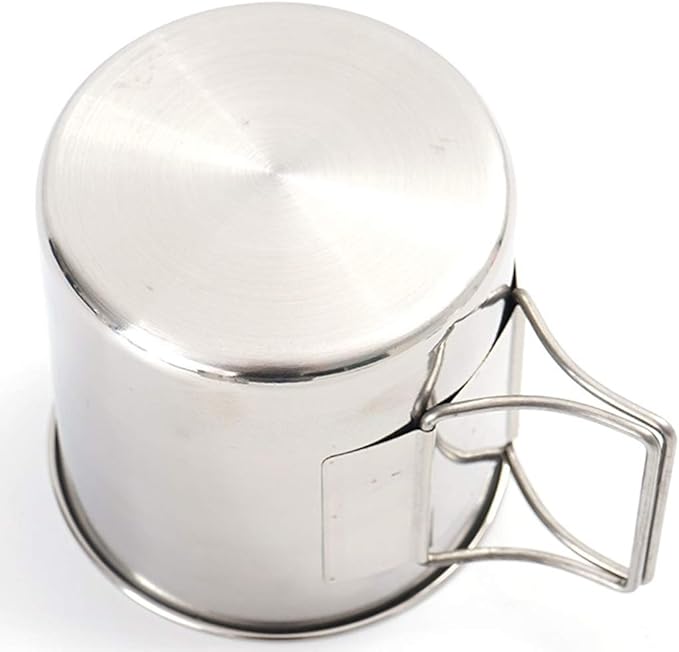 Camping Campfire Mug with Handle, Folding Big Stainless Steel Cup 4 Piece Set Backpacking Gear for Hiking, Hunting, Fishing and Survival Adventure.