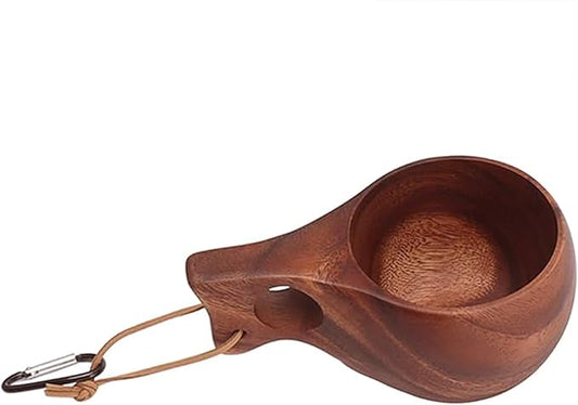 Wooden Mug for Kuksa, Wooden Cup Essential Equipment for Bushcraft Gear Also Camping Essentials Wood Cup Made by Traditional Hand Carving and Equipped with Hanging Rope and AHandle(Brownish)