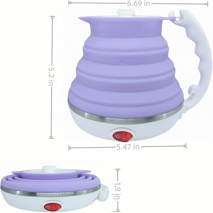 Collapsible Travel Kettle, Portable Electric Kettle, Travel Tea Kettle, Portable Water Boiler, Food Grade Silicone, Auto Shut off and Keep Warm, 110V 555ml (Purple)