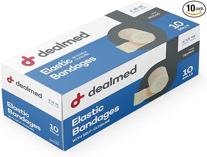 Dealmed 4" Elastic Bandage Wrap with Self-Closure – 10 Elastic Bandages, 5 Yards Stretched Compression Bandage Wrap, Wound Care Product for First Aid Kit and Medical Facilities