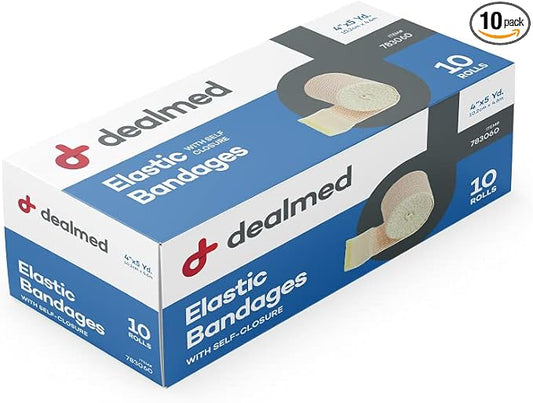 Dealmed 4" Elastic Bandage Wrap with Self-Closure – 10 Elastic Bandages, 5 Yards Stretched Compression Bandage Wrap, Wound Care Product for First Aid Kit and Medical Facilities