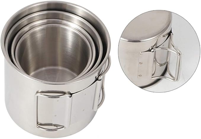 Camping Campfire Mug with Handle, Folding Big Stainless Steel Cup 4 Piece Set Backpacking Gear for Hiking, Hunting, Fishing and Survival Adventure.