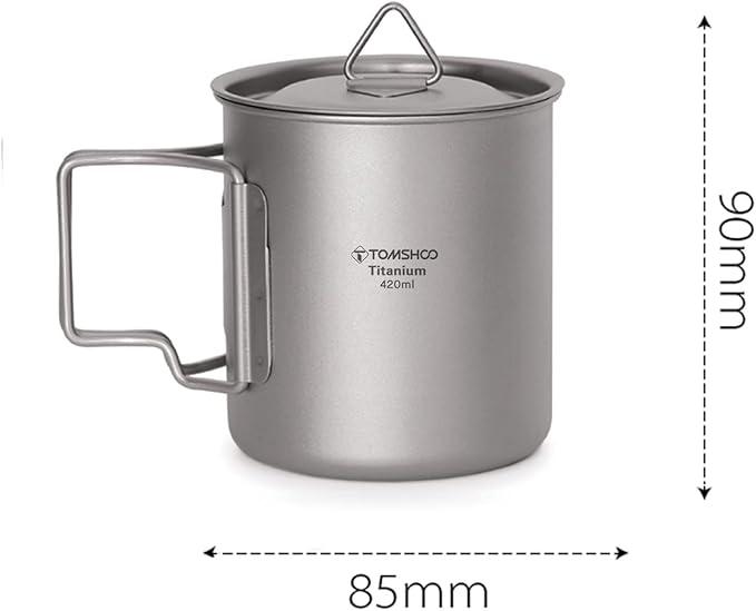 TOMSHOO Titanium Camping Pot and Outdoor Mug With Lid - Coffee Cup With Foldable Handle for Hiking, Travelling, Backpacking, and Open Fire