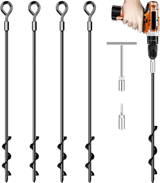 Ground Anchors 24“ Screw in Heavy Duty Ground Anchors,Tent Stakes for Camping Tent, Trampoline, Canopies, Carports, Sheds, Swing Sets, Black Anti-Rust Coating for High Wind (4 x 24“)