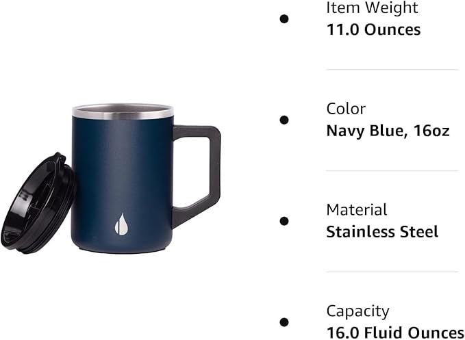 Elemental Insulated Coffee Mug - Triple-Wall Stainless Steel Summit Travel Cup for Hot and Cold Drinks - Thermal Coffee Mug with Lid and Handle for Camping, Office & Travel 16oz - Navy Blue