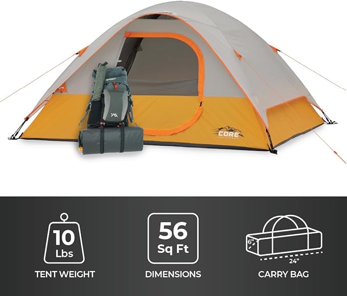 CORE Tent for Family Camping, Hiking and Backpacking | 3 Person / 4 Person / 6 Person / 9 Person Person Dome Camp Tents with Included Tent Gear Loft for Outdoor Accessories