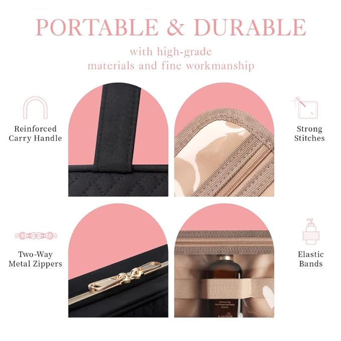 HOTOR Travel Toiletry Bag w/Hanging Hook - Spacious Toiletry Bag Essentials for Women & Men, Makeup Bag/Big Comparment, Waterproof for Travel Accessories, Large, Black