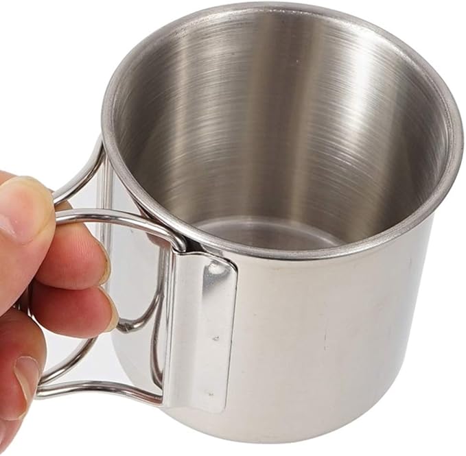 Camping Campfire Mug with Handle, Folding Big Stainless Steel Cup 4 Piece Set Backpacking Gear for Hiking, Hunting, Fishing and Survival Adventure.