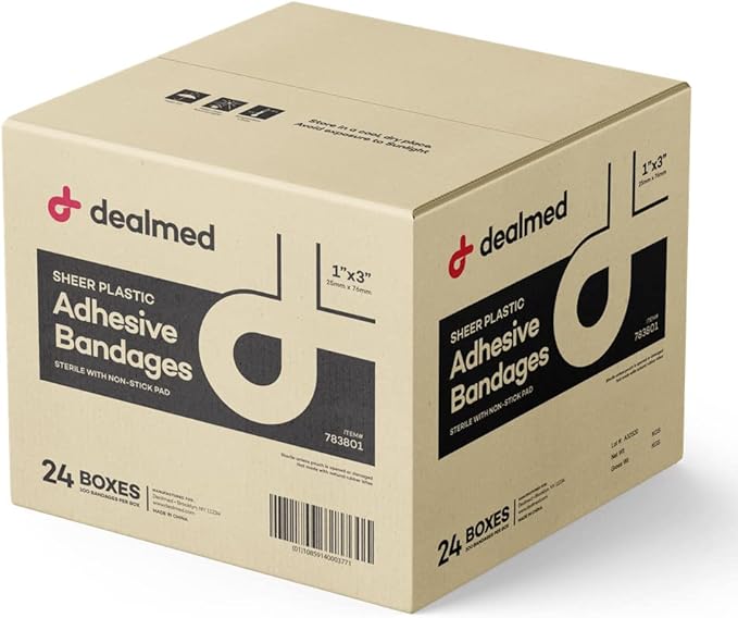 Dealmed Sheer Plastic Flexible Adhesive Bandages – 100 Count (24 Pack) Bandages with Non-Stick Pad, Latex Free, Wound Care for First Aid Kit, 1" x 3"