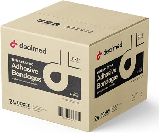 Dealmed Sheer Plastic Flexible Adhesive Bandages – 100 Count (24 Pack) Bandages with Non-Stick Pad, Latex Free, Wound Care for First Aid Kit, 1" x 3"