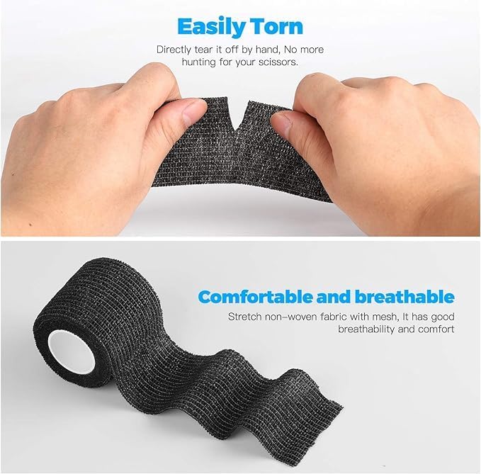 Cohesive Bandage 2” x 5 Yards, 8 Rolls, Self Adherent Wrap Medical Tape, Adhesive Flexible Breathable First Aid Gauze Ideal for Stretch Athletic. for First Aid Medical,Sports Injuries.(Black)