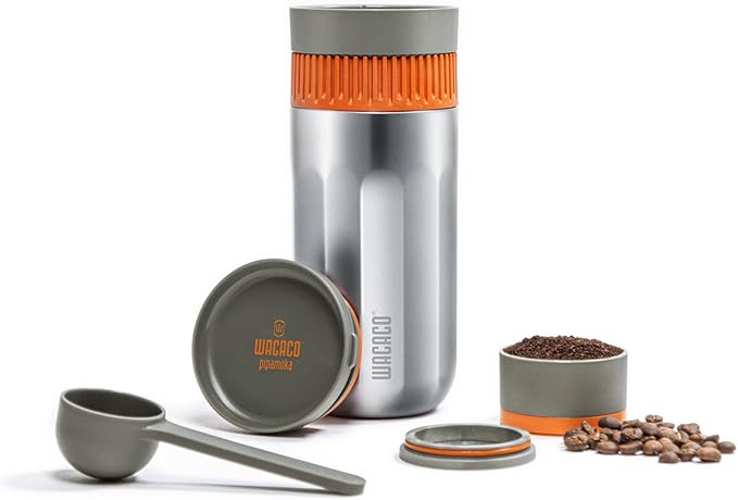 WACACO Pipamoka Portable Coffee Maker, Coffee brewer, All-in-one Vacuum Pressured,Insulated Travel Mug, Hand Powered and Filter Pressure Brewer, Stainless Steel Thermo Cup, 10 fl oz