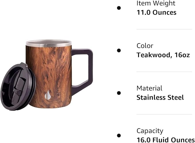 Elemental Insulated Coffee Mug - Triple-Wall Stainless Steel Summit Travel Cup for Hot and Cold Drinks - Thermal Coffee Mug with Lid and Handle for Camping, Office & Travel 16oz - Teakwood