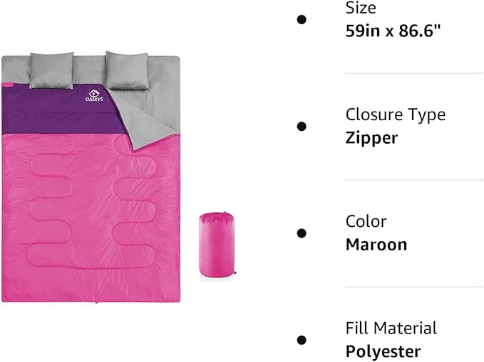 oaskys Double Sleeping Bag for Adults with 2 Pillows - Queen Size XL Waterproof Sleeping Bag for All Season Camping Hiking Backpacking 2 Person Sleeping Bags for Cold Weather & Warm