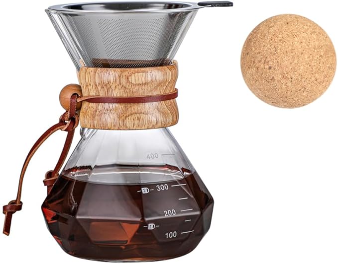 Pour Over Coffee Maker With Wood Sleeve,13.5oz/400mlPour Over Coffee Dripper,Pour Over Coffee Maker Set With Cork Stopper (13.5oz/400ml)