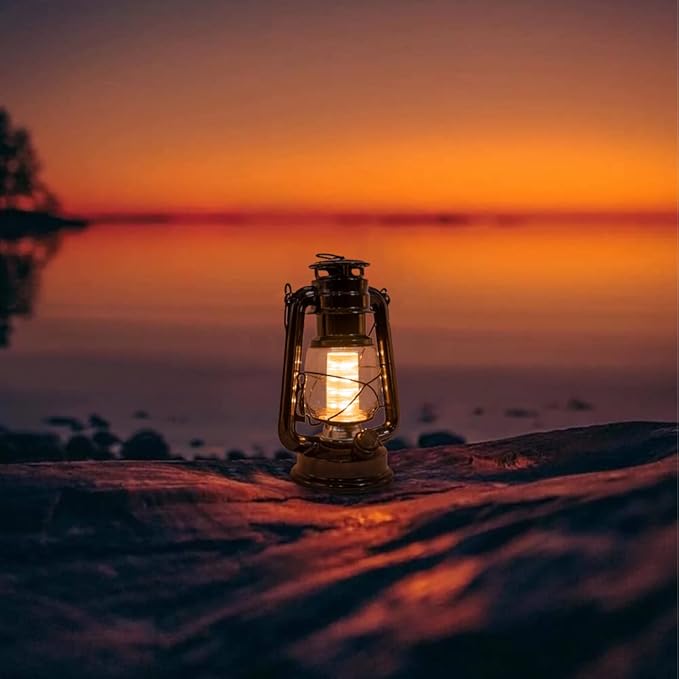 YAKii LED Vintage Metal Hanging Hurricane Lantern - 12 LED Dimmer Switch, Warm White Battery Operated Lantern for Power Outage, Indoor Camping, Outdoor Decoration (Black)