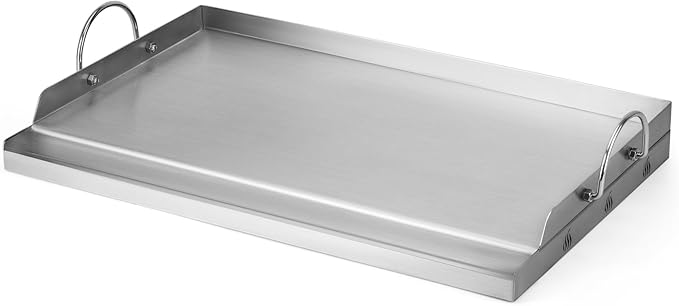 onlyfire Stainless Steel BBQ Griddle, Outdoor Flat Top Griddle Pan with Grease Groove and Handles for Gas and Charcoal Grills, 25”x16”