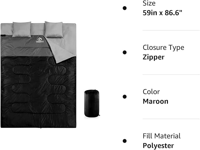 oaskys Double Sleeping Bag for Adults with 2 Pillows - Queen Size XL Waterproof Sleeping Bag for All Season Camping Hiking Backpacking 2 Person Sleeping Bags for Cold Weather & Warm