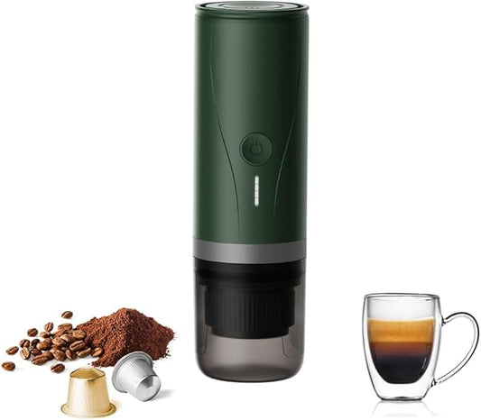 Portable Espresso Maker,Self-Heating Electric Mini Coffee Machine,Up to 20-Bar Pressure,Compatible with NS Capsules & Fine Grind,Coffee Maker for Outdoor Camping,Hiking,RV & Car/Air travel(Green)