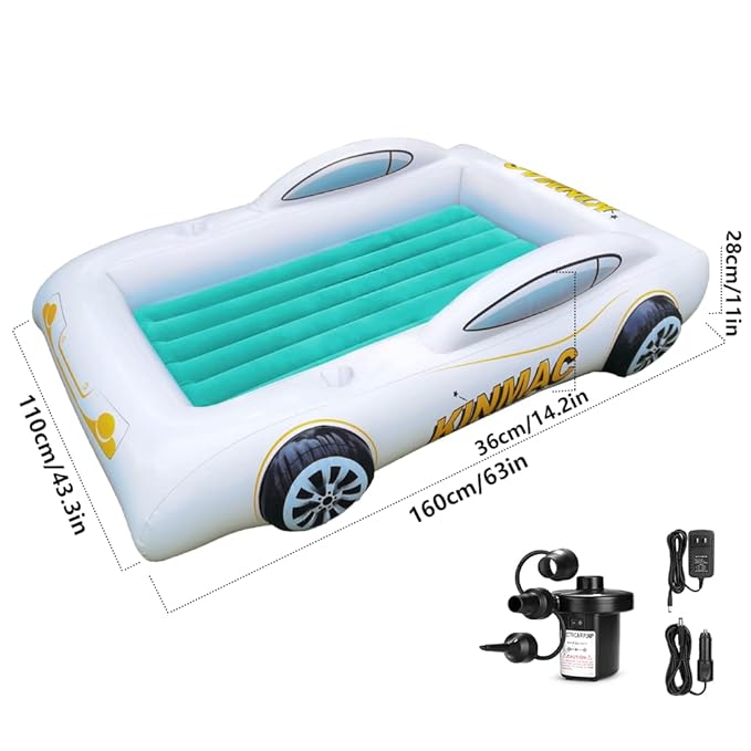 KINMAC Inflatable Toddler Travel Bed- Portable Travel Toddler Air Bed for Kids Camping Air Mattress Racecar Toddler Bed with Sides Blow Up Mattress Sleeping Pad for Camping Car Travel Sleeping(Green)
