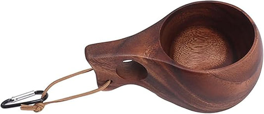 Wood Mug for Kuksa, Camping Mug Essential Equipment for Bushcraft Gear Also Camping Essentials Wood Cup Made by Traditional Hand Carving and Equipped with Hanging Rope and aHandle(Darkbrown)