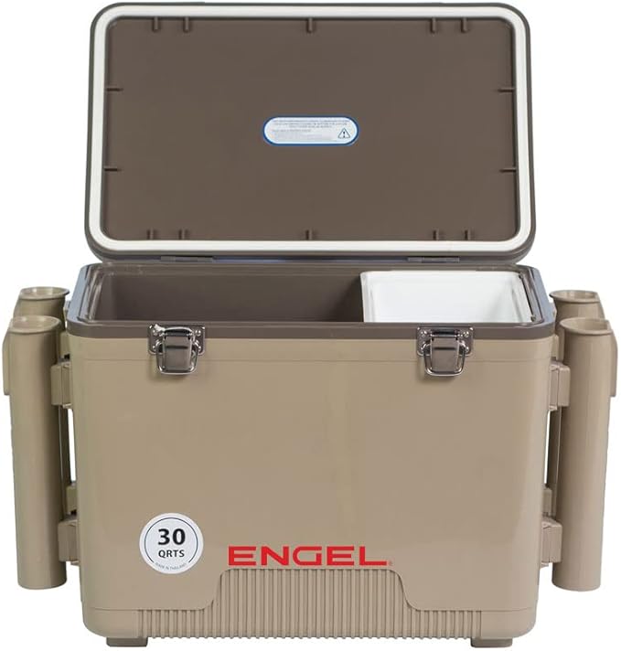 Engel UC30 30qt Leak-Proof, Air Tight, Fishing Drybox Cooler with Built-in Fishing Rod Holders, Also Makes The Perfect Hard Shell Lunchbox for Men and Women in White