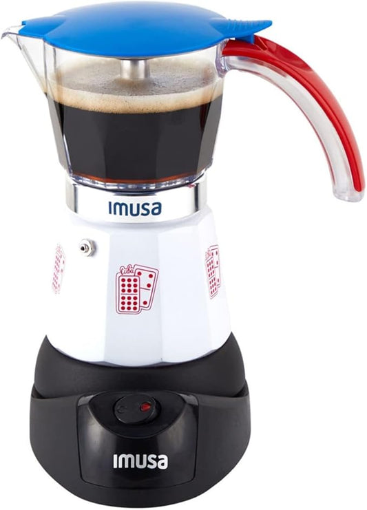 Imusa Special Edition Electric Cuba/Domino themed Espresso Maker, 3 or 6 Cups, White, Red, Blue