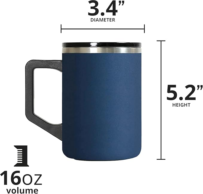 Elemental Insulated Coffee Mug - Triple-Wall Stainless Steel Summit Travel Cup for Hot and Cold Drinks - Thermal Coffee Mug with Lid and Handle for Camping, Office & Travel 16oz - Navy Blue