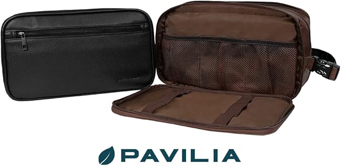 PAVILIA Toiletry Bag for Men, Travel Toiletries Bag | Water-resistant Dopp Kit, PU Leather Shaving Pouch Organizer for Accessories, Cosmetic, Hygiene, Grooming Essentials (Black)