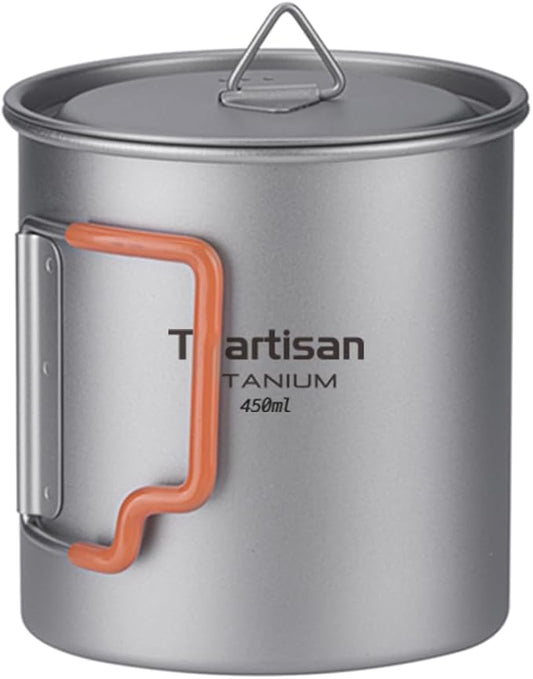 Titanium Cup Camping Pot Ultralight Coffee Mug 450ML/750ML Water Cup with Foldable Handles and Lid For Outdoor Camping Hiking Backpacking (450ML)