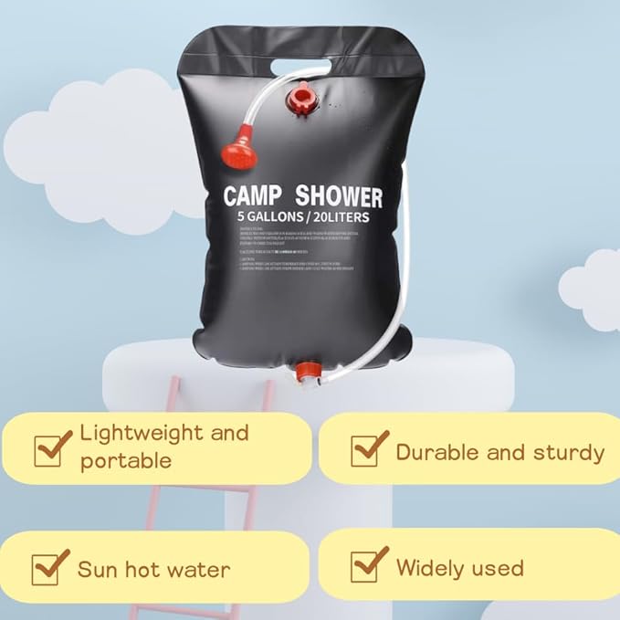 Solar Portable Shower Bag, 5 Gallons/20L Camping Shower Bag, Portable Shower Bag with Removable Hose and On-Off Switchable Shower Head for Camping, Hiking, Travel, Beach Swimming