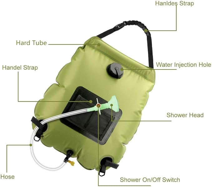 Solar Shower Bag | 5 Gal/20L Solar Heating Camping Shower Bag | Removable Hose | On-Off Switchable Shower Head | Ducha Portatil | Traveling Shower | Portable Shower for Beach Swimming, Hiking