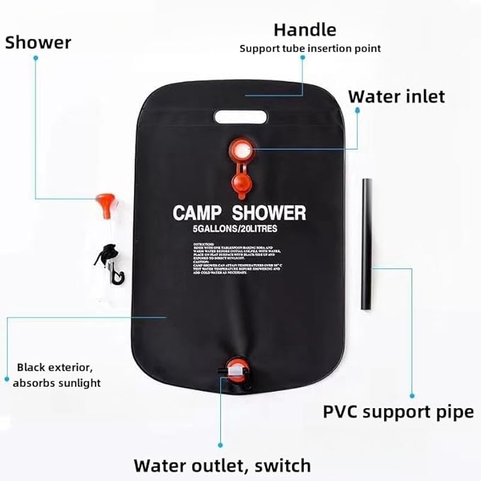 Solar Portable Shower Bag, 5 Gallons/20L Camping Shower Bag, Portable Shower Bag with Removable Hose and On-Off Switchable Shower Head for Camping, Hiking, Travel, Beach Swimming