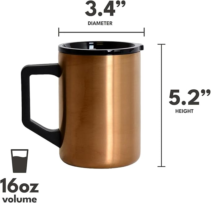Elemental Insulated Coffee Mug - Triple-Wall Stainless Steel Summit Travel Cup for Hot and Cold Drinks - Thermal Coffee Mug with Lid and Handle for Camping, Office & Travel 16oz - Copper