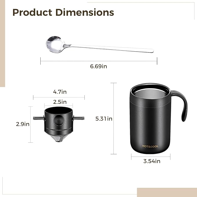 Pour Over Coffee Maker Camping Set, Stainless Steel Quality Design, Includes Filter and Spoon, Ideal for Travel Office and Home Use