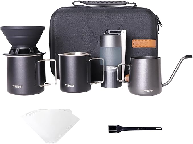 Pour Over Coffee Maker Set, ALL in 1 Portable Set- Manual Coffee Grinder with Stainless Steel Conical Burr, Collapsible Silicone Coffee Dripper Set, Coffee Gooseneck Kettle