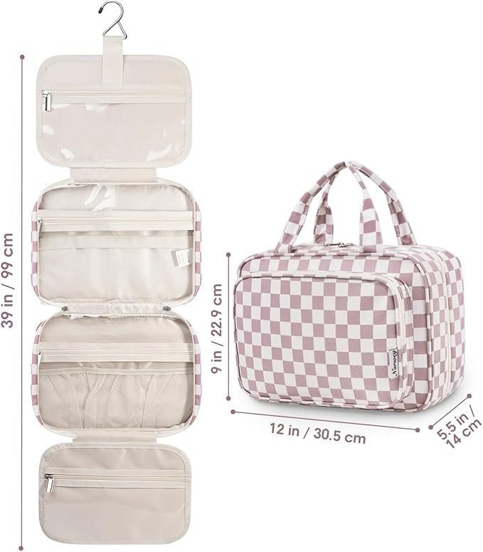 Narwey Travel Toiletry Bag for Women Large Hanging Makeup Bag Organizer Toiletries Bag for Full Size Essentials Accessories Cosmetics (Dusty Rose Checkerboard (Large))