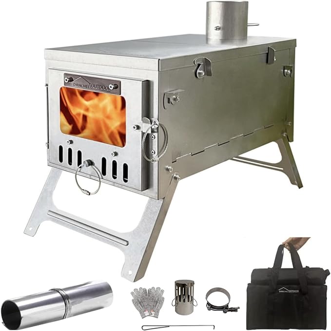 DANCHEL OUTDOOR S6/SSG Folding Camping Stove, 304 Stainless Steel Wood Burning Stove with 7.2ft Chimney, Portable Hot Tent Stove Solo Camping Survival Backpacking, Lightweight & Compact Design