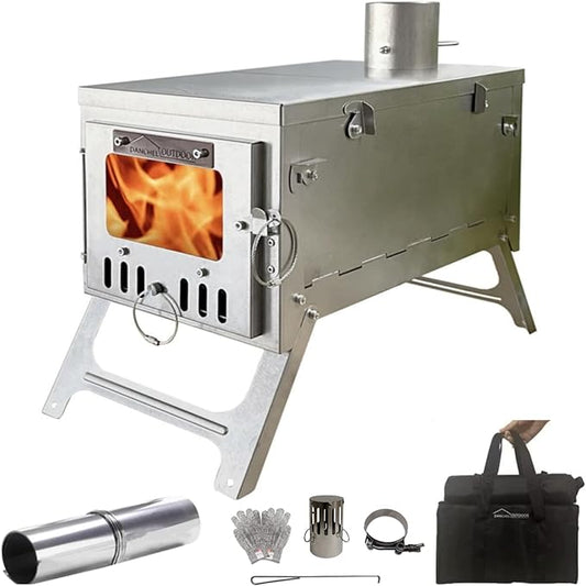 DANCHEL OUTDOOR S6/SSG Folding Camping Stove, 304 Stainless Steel Wood Burning Stove with 7.2ft Chimney, Portable Hot Tent Stove Solo Camping Survival Backpacking, Lightweight & Compact Design