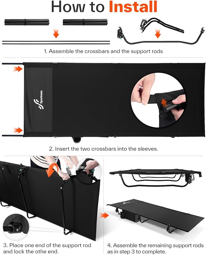 Sportneer Camping Cot: 31.5’’ Extra Wide Compact Sleeping Cots with Side Pocket - Lightweight Folding Cot for Camping Traveling Tent Day, Carry Bag Included, Easy Setup - Size 74.8''x31.5''