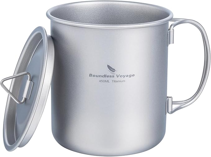 iBasingo 450ml Titanium Mug with Lid Tea Coffee Water Cup Outdoor Camping Pot Ultra-light Portable Hiking Backpacking Cooking Kit Picnic Tableware Drinkware with Foldable Handle Ti3026D